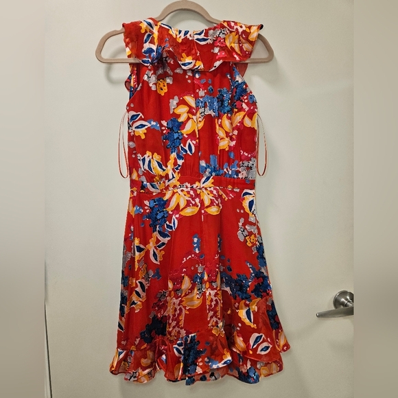 Saloni Cece Floral Print Ruffle Trim Dress in Coral  Size 4 - Picture 4 of 9